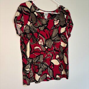 CHICO'S Short Sleeve Top Womens XL (3) Red Black Cream Floral